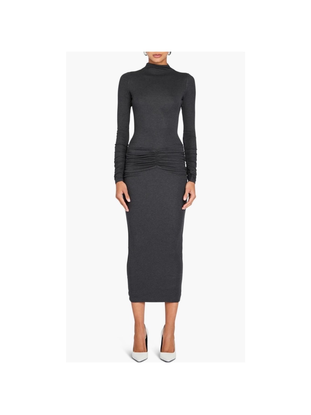 Ser.O.Ya Fina Tea Length Dress Large Charcoal Grey Ruched Mock Neck Long Sleeve